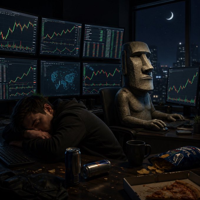 A man sleeping next to a computer with a statue of a man behind him, with several stock market charts displayed on multiple monitors around them.