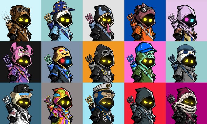 A grid of 15 stylized hooded "Hooja" character avatars in various costumes, each with glowing yellow eyes and a skeletal hand pose, displayed against colorful backgrounds—showcasing honorary NFT designs given to creators and communities.