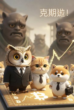 A scene shows anthropomorphic animals in business suits standing on a Bitcoin-themed chart; in the foreground, an owl, a cat, and a Shiba Inu look serious, while the Korean text '克服!' (Overcome!) appears above.
