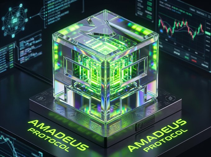 A digital 3D rendering of a glowing transparent cube with green and purple lights, labeled 'AMADEUS PROTOCOL' at the base, set against a backdrop of financial trading screens.