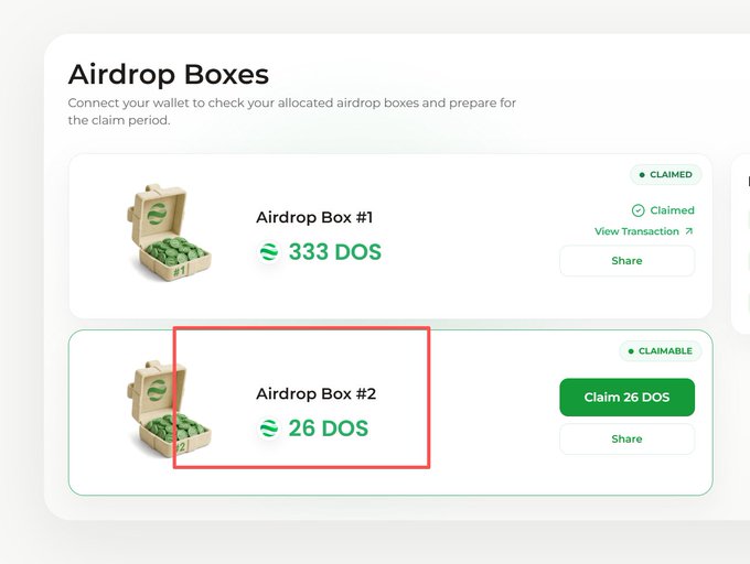 An airdrop boxes interface showing Airdrop Box #1 with 333 DOS (claimed) and Airdrop Box #2 with 26 DOS (claimable), with the second box highlighted in a red rectangle.