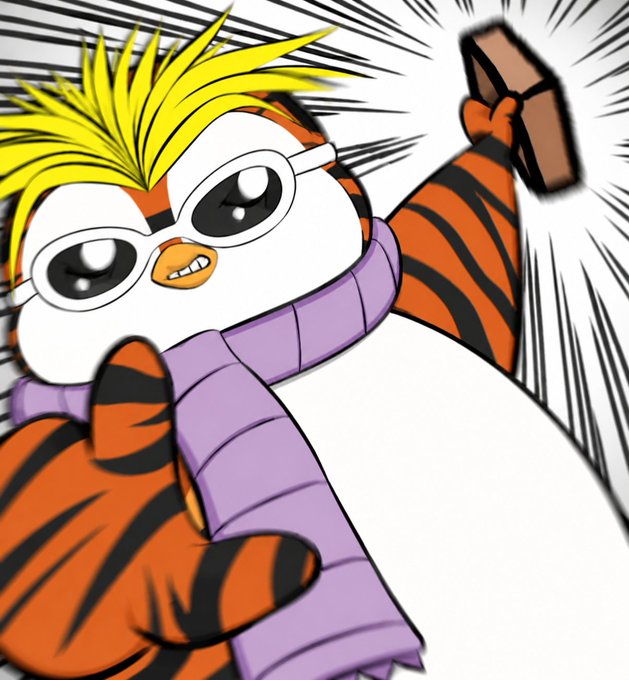 A cartoon-style illustration of an anthropomorphic tiger character with spiky yellow hair, white sunglasses, a purple scarf, and a mischievous expression, holding a brown rectangular object.