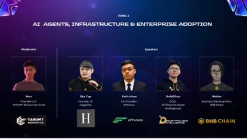 A panel discussion titled "AI Agents, Infrastructure & Enterprise Adoption" at PANLS during UltraWeb3Fest, featuring moderator Toya (President of WAGMI Blockchain Club) alongside speakers May Yao (Founder, Hashgreen), Faris Irhan (CTO, FSVentures), GoldSilver (Enterprise Strategy Lead, ChainOperaAI), and Walter (Business Development, iExec), with the discussion focusing on the critical role of infrastructure behind the AI agent boom as noted in the accompanying post.
