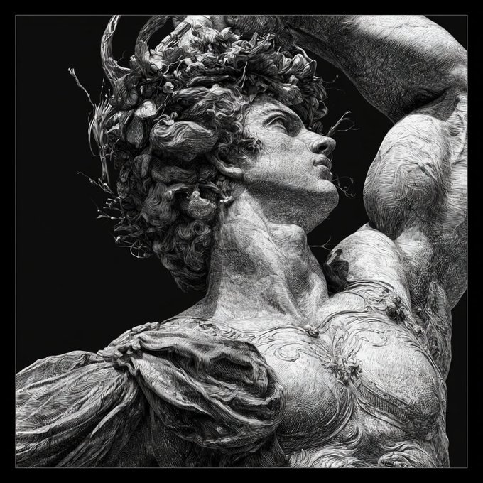 Detailed black and white engraving-style illustration of a classical statue depicting a figure with elaborate curly hair adorned with flowers, looking upward with draped clothing.