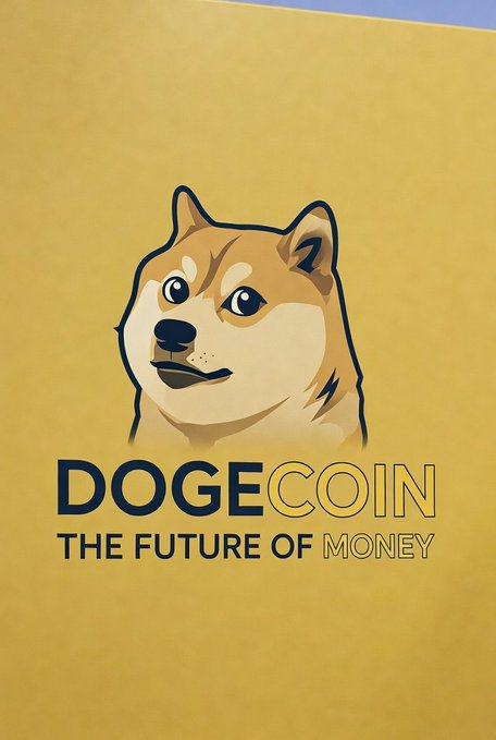 A poster features the Dogecoin Shiba Inu logo with the text 'DOGECOIN THE FUTURE OF MONEY' on a yellow background.