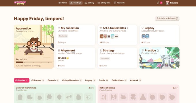 Chimpions website dashboard 'Happy Friday, timpers!' showing Apprentice rank (20/100 pts), My Collection, Art & Collectibles, Legacy, Alignment (CHMPSTR status), Strategy, and Prestige sections.