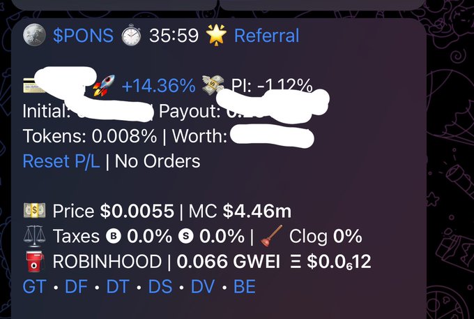 A cryptocurrency tracking dashboard showing $P0NS token with +14.36% gain, price of $0.0055, MC $4.46m, and Robinhood gas fee information.