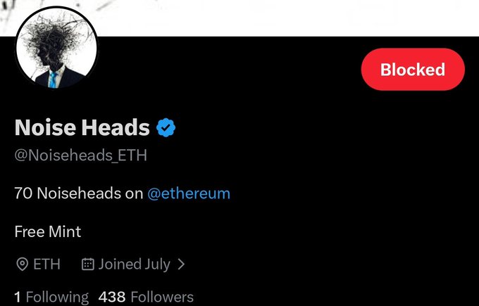 A Twitter/X profile page for 'Noise Heads' (@Noiseheads_ETH), describing itself as '70 Noiseheads on @ethereum' with a 'Free Mint', showing a 'Blocked' status.