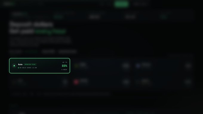 A dark interface screen shows a highlighted "UNHUNTED POOLS" card displaying "Auto" mode with "15%" and "4 REV," suggesting an automated yield-generating pool system, which ties directly to the post's announcement of a self-running Robinhood Chain feature that automatically shifts between stock and gold pools to capture volume and distribute fees.