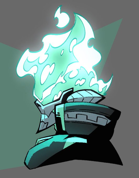 The image depicts a stylized, cartoonish armored gauntlet engulfed in glowing teal and white ethereal flames, which aligns with the post's signature "EKTO."—likely a brand or artist handle known for fiery, supernatural character art.