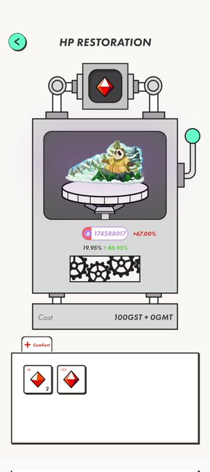 The image shows a cartoon robot with a white body, black arms, and legs. The robot has a screen attached to its back that displays a picture of a gold ring. The text "HP restoration" is written above the robot's head, indicating that this is an HP restoration process. There are two red buttons on the robot's side, one located near the bottom left corner and another at the top right corner.
