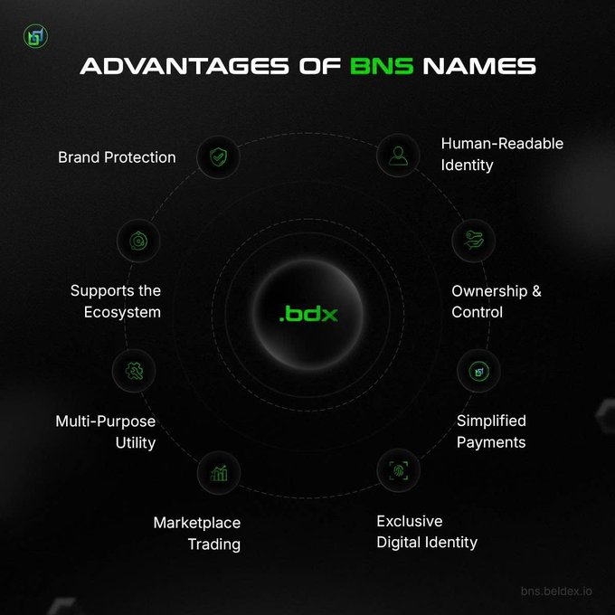 The image is an infographic titled "Advantages of BNS Names" featuring a central .bdx logo surrounded by eight benefits in a circular layout, including Brand Protection, Human-Readable Identity, Ownership & Control, Simplified Payments, Exclusive Digital Identity, Marketplace Trading, Multi-Purpose Utility, and Supports the Ecosystem, with "bns.beldex.io" displayed at the bottom.

The post highlights "Brand Protection" as one of the eight advantages shown, using the infographic to support the argument that securing a .bdx identity early provides exclusive control over personal or business names in Web3, similar to how early internet domain and Web2 username registration protected brands from impersonation.