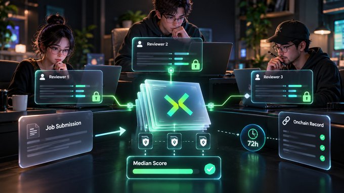 A digital illustration depicts a 'Median Score' blockchain review system with three reviewers, job submission, and onchain record with 72h timer.