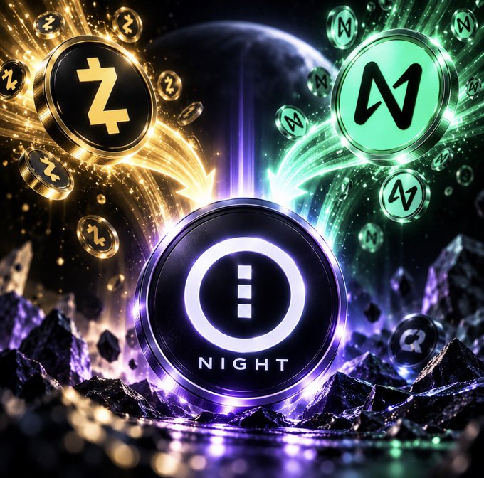The image showcases a glowing "NIGHT" cryptocurrency coin surrounded by gold Zcash-style coins and green Monero-style coins, symbolizing $NIGHT (Midnight) leading a privacy coin rally. The visual reinforces the post's message of capital rotating into the privacy sector, with NIGHT positioned as the centerpiece amid its privacy-focused peers.