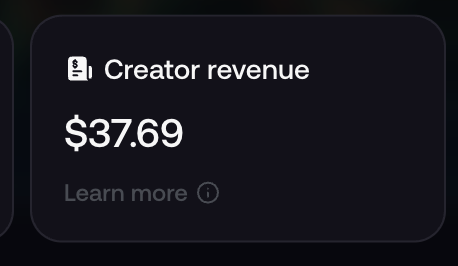 A dark-themed dashboard widget displays "Creator revenue" of "$37.69" with a "Learn more" link, illustrating the earnings the user referenced in their post about making money on Fomo without revealing their identity.