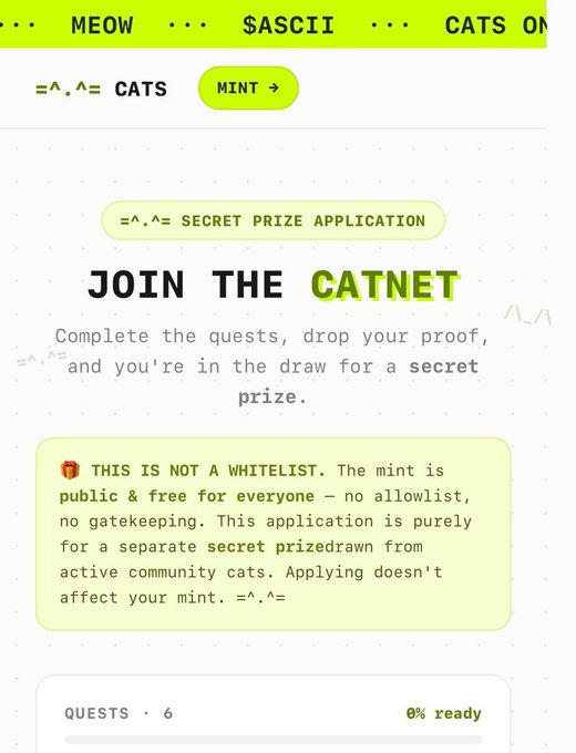 A webpage for "=^.^= CATS" NFT project promoting a "JOIN THE CATNET" secret prize application, noting the mint is public and free with a quest completion progress of 0%.