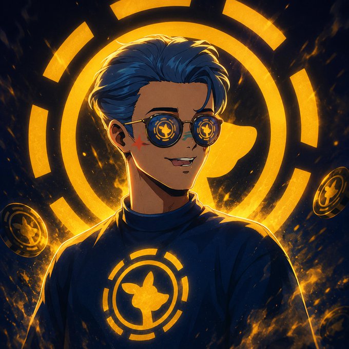 A stylized anime-style character with blue hair, round sunglasses, and a small red scar under one eye wears a dark shirt featuring Roobet's logo, set against a glowing orange circular emblem and floating coins—all reinforcing the post's promotion of Roobet as a trusted crypto gaming platform.