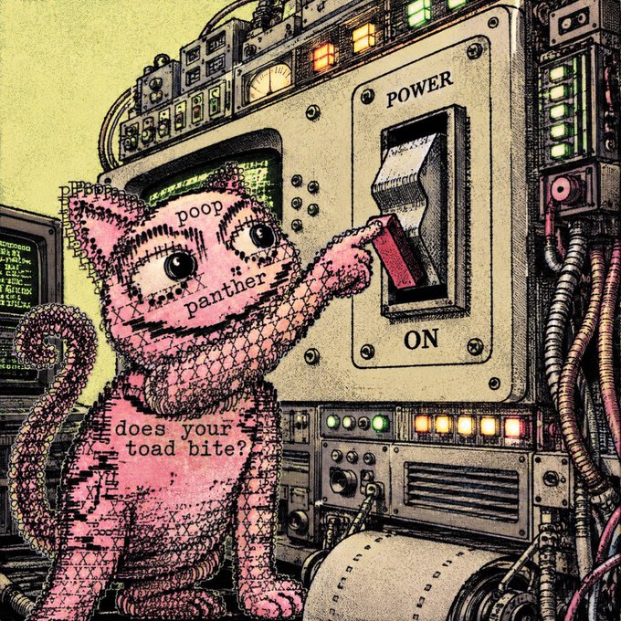 A pink crocheted creature labeled "poop panther" with "does your toad bite?" on its torso flips the "POWER" switch on a cluttered industrial control panel, humorously signifying the "launch" of an after-hours trading program. The whimsical, hand-drawn aesthetic contrasts with the technical stock market reference, suggesting the chaotic or unconventional nature of late-hour trades.