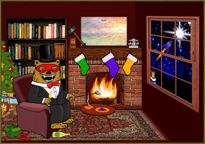 A cartoon bear wearing a top hat and red domino mask sits in an armchair by a fireplace with three stockings, near a Christmas tree and a window showing a cosmic scene.