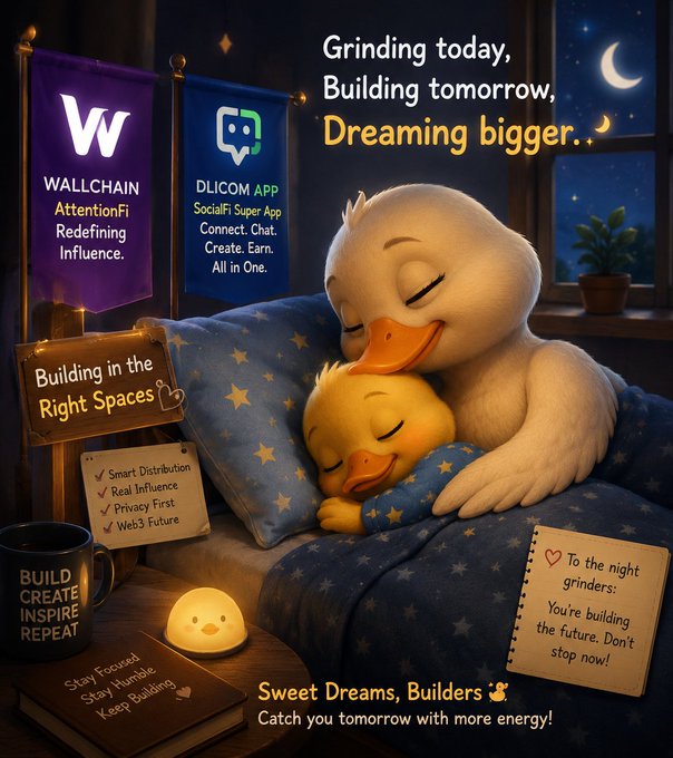 The image features a cartoon duck and baby duck sitting together on a bed, with a sign above them that says "Building Tomorrow. Dreaming Bigger...". The background of the image shows a night sky with stars and a moon, creating a cozy atmosphere for the scene. There are also two books placed next to each other in the bottom right corner of the image.