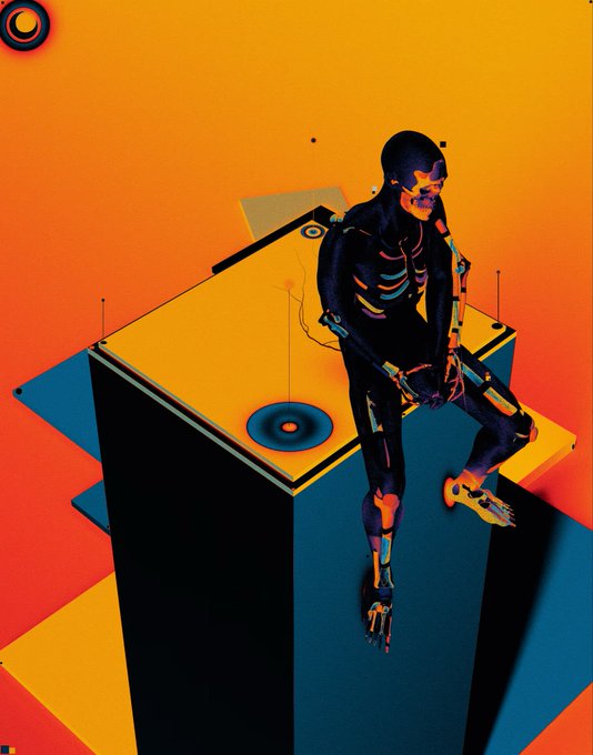 A stylized digital illustration featuring a humanoid figure in a black bodysuit with mechanical skeletal details, sitting on top of a yellow and black geometric structure against an orange gradient background.