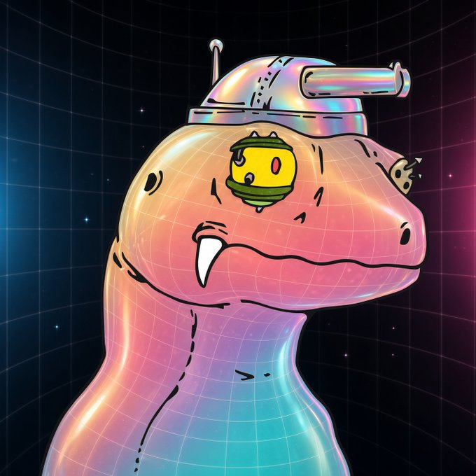 A digital illustration of a stylized dinosaur or lizard character wearing a metallic silver helmet with a tube attachment, featuring a yellow eye, set against a dark grid background with neon lighting.