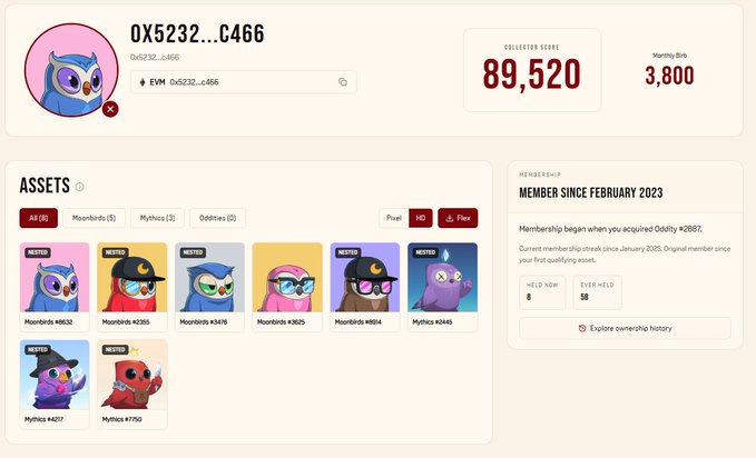 The image shows the wallet profile page for "0X5232...C466" on Oddiy, displaying a Collector Score of 89,520, 3,800 Moonbirds, and 7 nested Oddbirds (including Mintiqo #6932, Mintiqo #2305, and Mythics #4017, #7750), with the membership starting since February 2023 via the "soyouboughtit" platform.