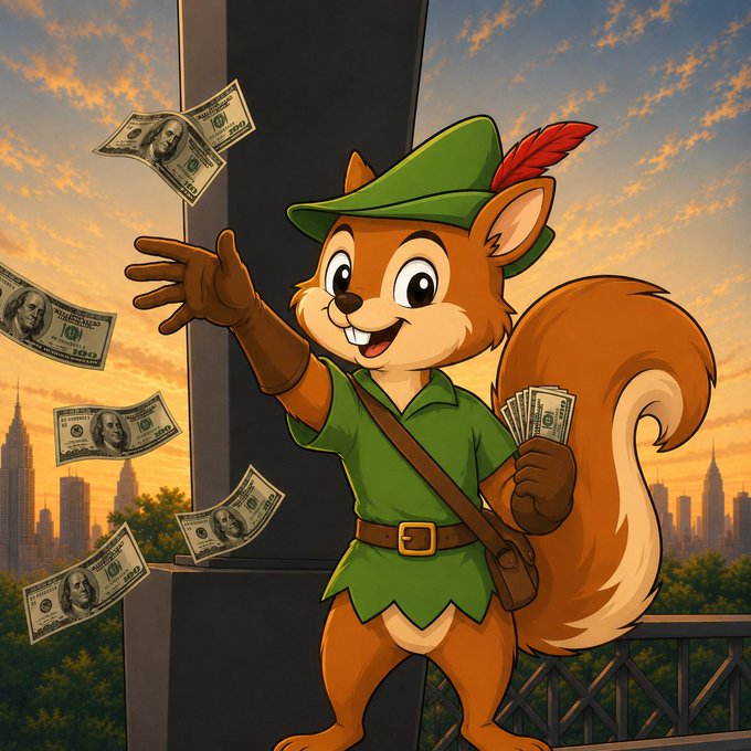 A cartoon illustration of an anthropomorphic squirrel dressed as Robin Hood, holding a fan of $100 bills against a city skyline at sunset.