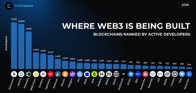 Chainspect infographic titled 'WHERE WEB3 IS BEING BUILT - BLOCKCHAINS RANKED BY ACTIVE DEVELOPERS', ranking Ethereum at the top with 11,271 developers, followed by Solana (10,878), Polkadot (9,078), and others.