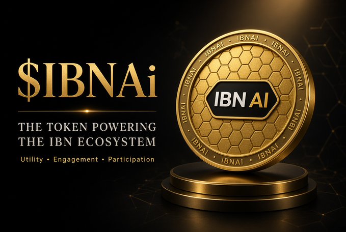 A promotional graphic for the cryptocurrency '$IBNAi', featuring a golden coin with the 'IBNAi' logo and the tagline 'THE TOKEN POWERING THE IBN ECOSYSTEM'.