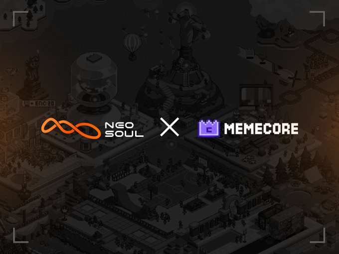 The image features a dark, pixel-art cityscape background with the logos of "NEO SOUL" (with an orange infinity symbol) and "MEMECORE" (with a purple castle/character icon) connected by a white "X," visually representing the partnership announcement between the two projects to build meme-driven market signal agents.