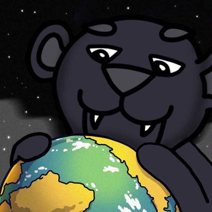 A cartoon illustration of a dark-colored panther or black bear character with glowing white eyes and visible fangs, holding a colorful Earth-like planet against a starry night sky background.