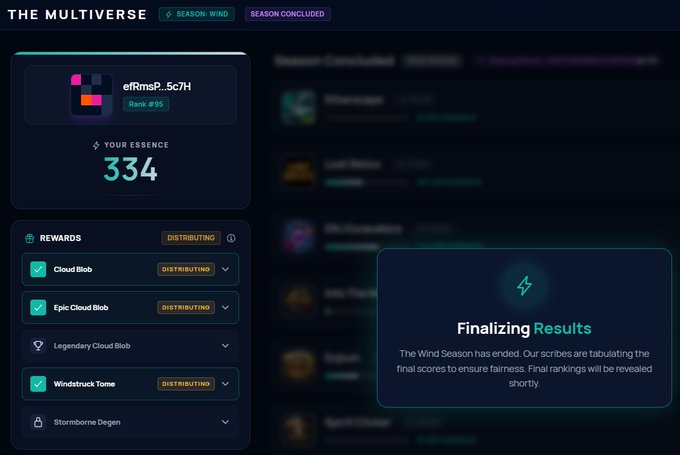A digital interface titled 'THE MULTIVERSE' for 'SEASON: WIND' showing a user profile 'efRmsP_5c7H' at Rank #95 with an Essence score of 334 and a 'Finalizing Results' notice.