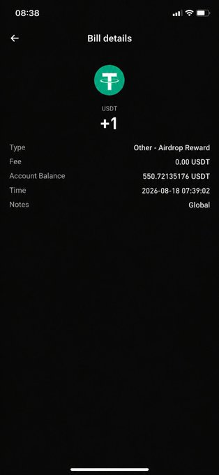 Mobile screenshot of a USDT bill details page showing a +1 airdrop reward with an account balance of 550.72135176 USDT, timestamped 2026-08-18.