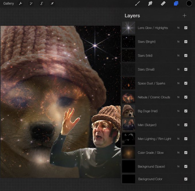 A photo editing software interface displaying a layered composite image of a man wearing a knit hat and glasses with his hand raised, set against a cosmic background featuring a dog's face made of stars and nebulas, with a Layers panel on the right listing elements like 'Lens Glow / Highlights', 'Stars (Bright)', 'Nebula / Cosmic Clouds', 'Big Doge (Hat)', and 'Man (Subject)'.