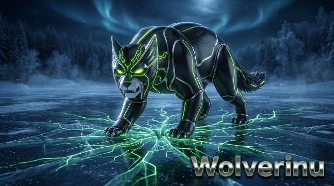 A futuristic, armored wolf-like creature with glowing green eyes and neon green accents stands on a cracked icy surface beneath an aurora-filled night sky, labeled "Wolverinu" in the bottom right.