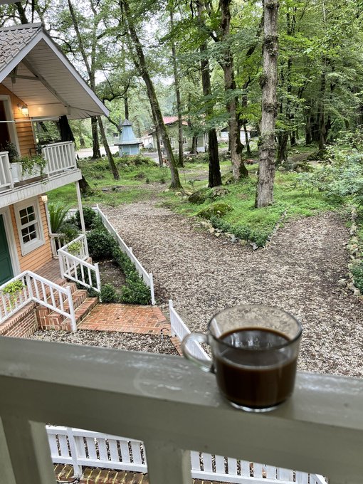 A first-person view from a wooden balcony overlooking a gravel courtyard surrounded by lush forest, with a glass mug of dark coffee resting on the railing in the foreground.
