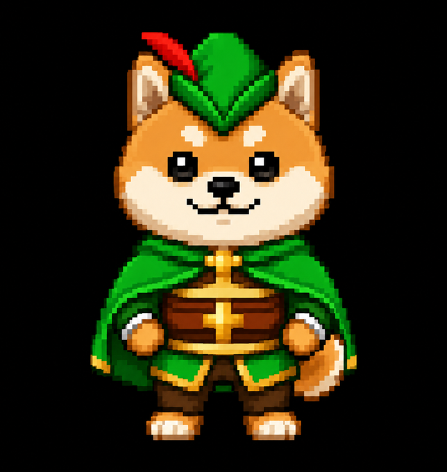 Pixel art illustration of a cute Shiba Inu dog dressed as Robin Hood with a green hat and cape.