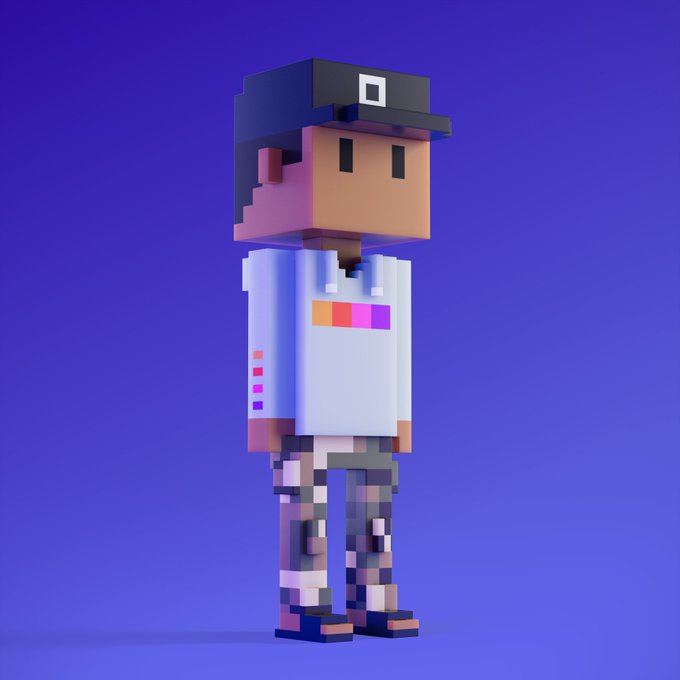 A 3D voxel-style character wearing a black cap, white long-sleeve shirt with colorful accents, and camouflage pants, standing against a purple background.