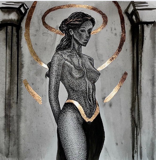 "The image shows 'The daughter of the Vanes,' a handmade graphic work with ink and pen, featuring a woman with a golden halo and waistband rendered in stippled dot work."