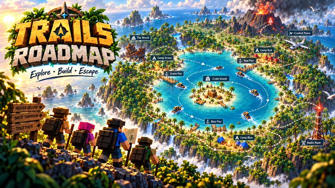 A colorful 'TRAILS ROADMAP' illustration with the tagline 'Explore, Build, Escape' showing various camp and pod locations on a tropical island map.