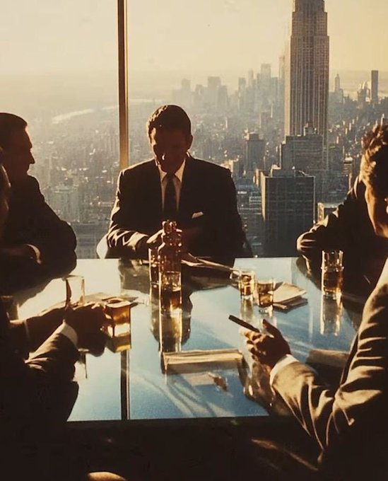 A cinematic, golden-hued photograph of several men in suits seated around a reflective table in a high-rise office, with a city skyline including the Empire State Building in the background.