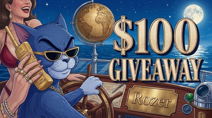 A flamboyant blue cat in sunglasses helms a ship's wheel at sea while holding a gold "cat phone," alongside a glamorous woman with a globe and a large "$100 GIVEAWAY" text beside a nameplate reading "Rozer," promoting the $100 giveaway retweet contest for @Winify and @rozerr.