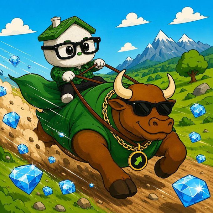 Cartoon illustration of a house-headed character with glasses and a plaid shirt riding a charging bull wearing sunglasses and a green shirt, with blue gems scattered around.