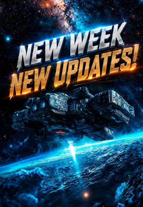 A science fiction promotional graphic displays the text "NEW WEEK NEW UPDATES!" in metallic letters above a large spaceship hovering over a blue planet.