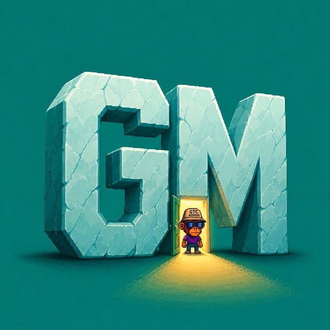 A cartoon monkey character wearing a cap and sunglasses stands in the doorway of large stone letters 'GM', with a light glowing from the opening against a teal background.