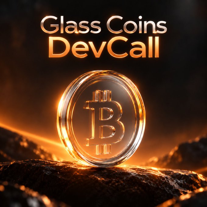 A digital graphic showing a glowing glass Bitcoin coin resting on a rocky surface, with the text 'Glass Coins DevCall' above it.