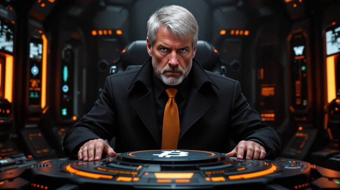 A stern man in a black suit with an orange tie sits at a high-tech control panel displaying a Bitcoin logo, evoking a sci-fi command center. The image pairs with the post about Michael Saylor's company Strategy focusing on its $176 million STRC buyback rather than purchasing additional Bitcoin this week.