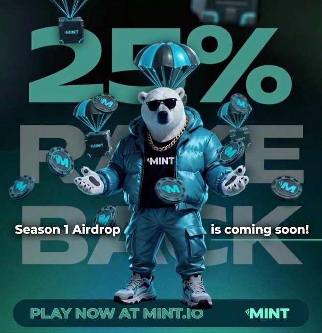A promotional graphic announces a 25% rakeback on MINT, featuring a stylish bear mascot in sunglasses and a blue puffer jacket surrounded by $MINT parachuting tokens, with text reading "Season 1 Airdrop is coming soon! PLAY NOW AT MINT.IO." The image ties to the post about $MNTD's role in PlayOnMint, where staking the token unlocks MINT Status levels offering benefits like rakeback and daily rewards after TGE.