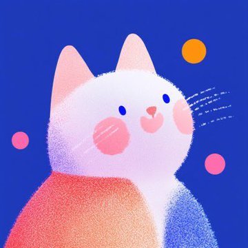 The image features a white cat with pink eyes, ears, nose, and whiskers, sitting against a blue background. The cat appears to be looking up at something or someone, possibly a person taking the photo. The caption of the image reads "gm CT made this with a new prompt. now it's your turn".